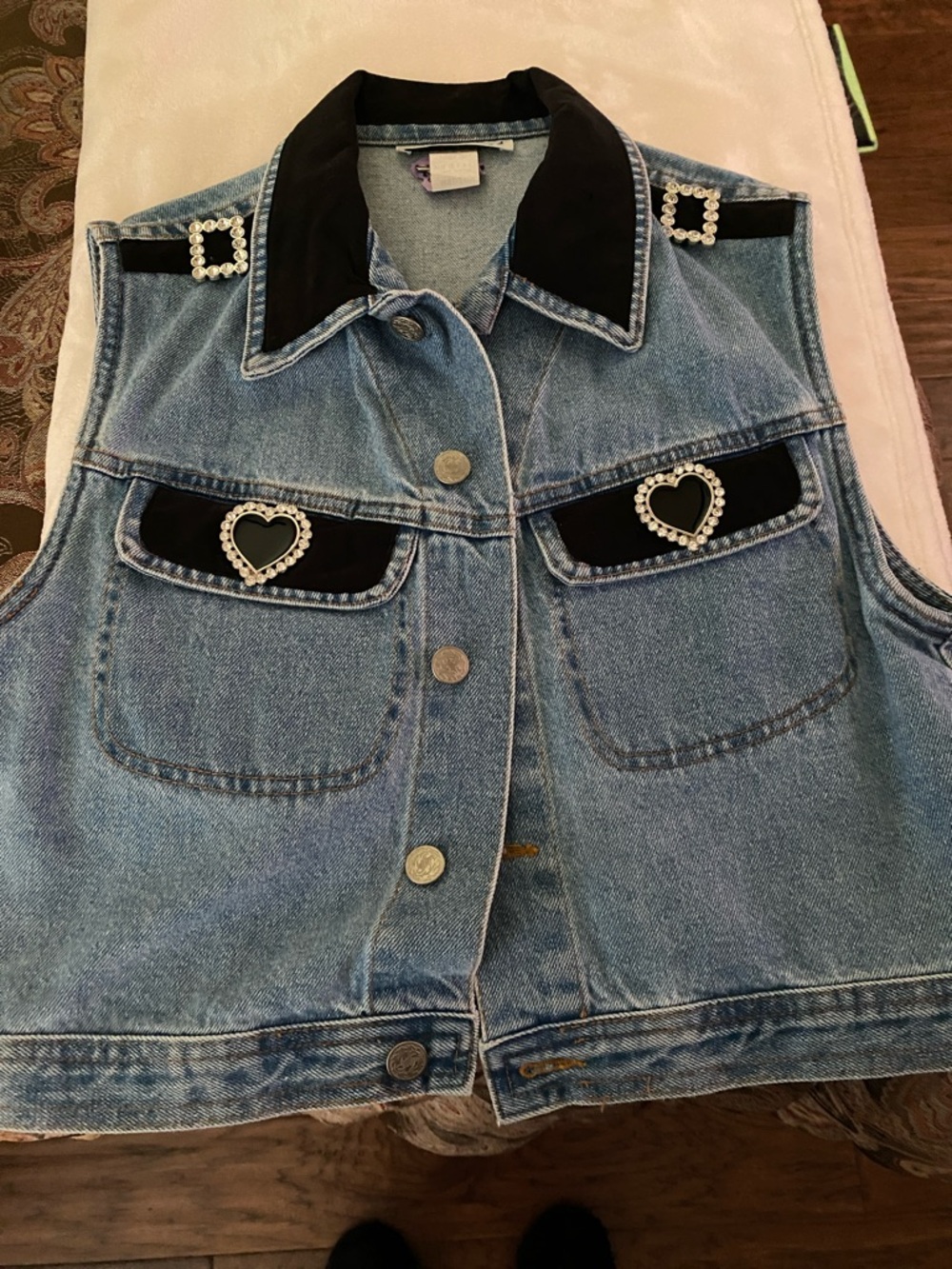 Denim Vest with Black Velvet Trim and Rhinestone Heart Buttons